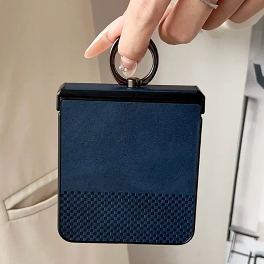 Luxury Leather Lattice Texture With Ring Phone Case For Samsung Galaxy Z Flip 3 4 5 6 7 7FE Hinge Anti-Scratch Back Phone Cover