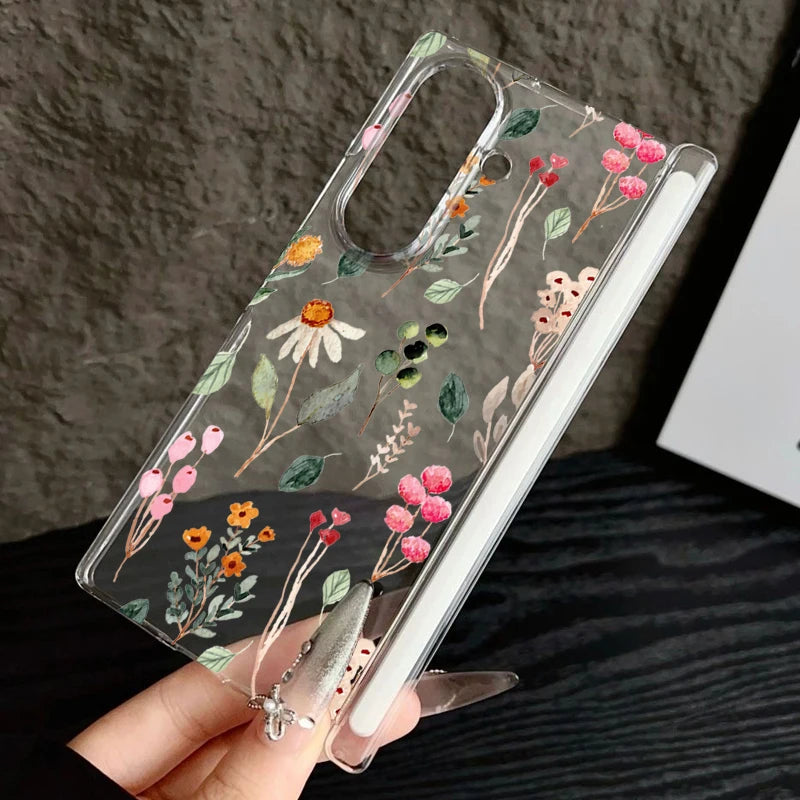 Magnetic Adsorption Clear Phone Case For Samsung Galaxy Z Fold 7 6 Fold7 Fold6 Fold5 5G Colorful Plant Printing Hard Back Cover