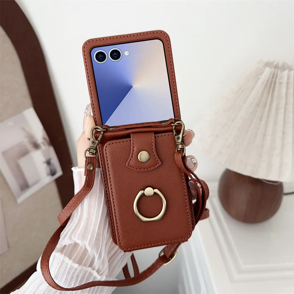 Ring Card Holder Leather Wallet Phone Case for Samsung Galaxy Z Flip 7 6 5 4 3 Flip7 FE Finger Crossbody Protective Cover