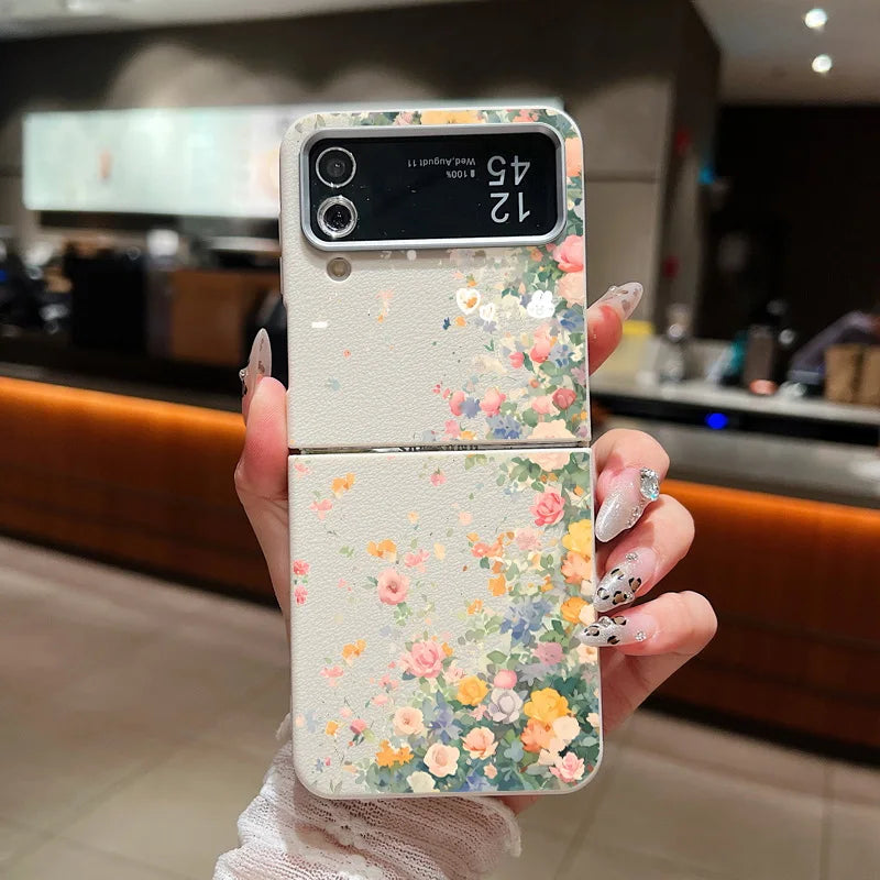 For Samsung Galaxy Z Flip 7 6 5 4 3 5G Luxury Leather Phone Case Retro Flowers Soft TPU Folding Cover For Samsung Z Flip5 Flip3