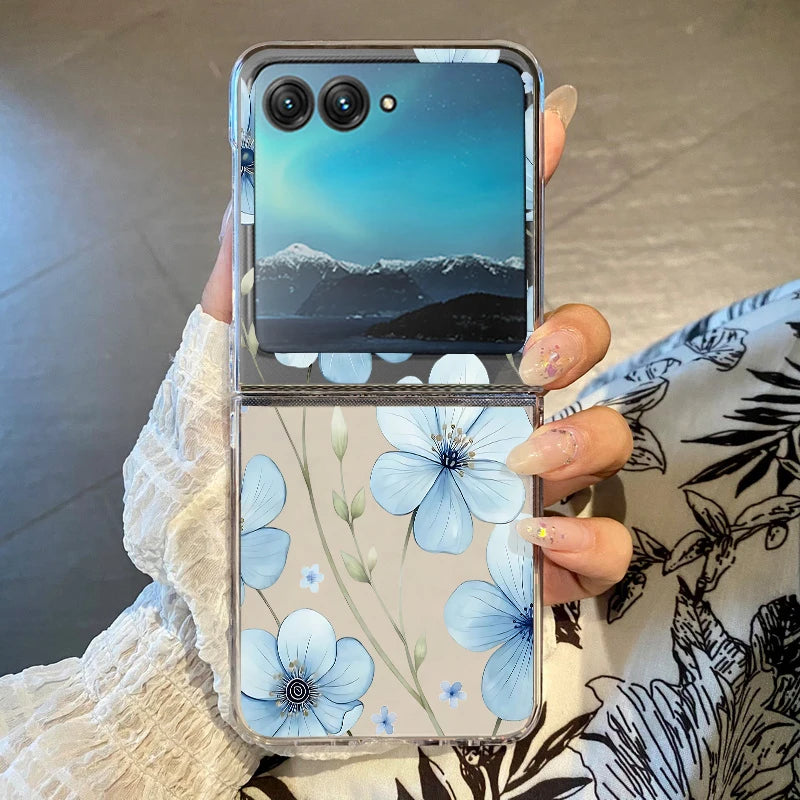 Blue Flowers Pattern Phone Case For Motorola Razr 60 50 40 Ultra Razr60 Razr50 Razr40 Shockproof Hard Transparent Folding Cover