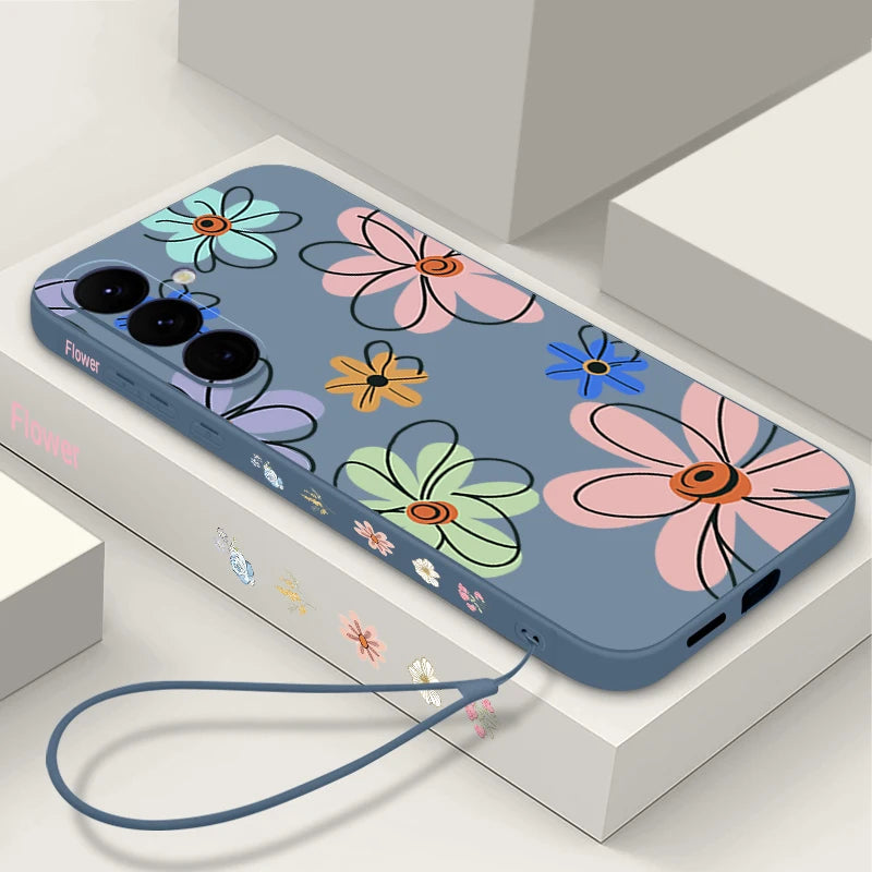 Cute Cartoon Flowers Lanyard Case For Samsung Galaxy S25 Ultra S24 S23 S22 Plus S21 FE A15 A16 A35 A36 A54 A55 A56 5G Capa Coque