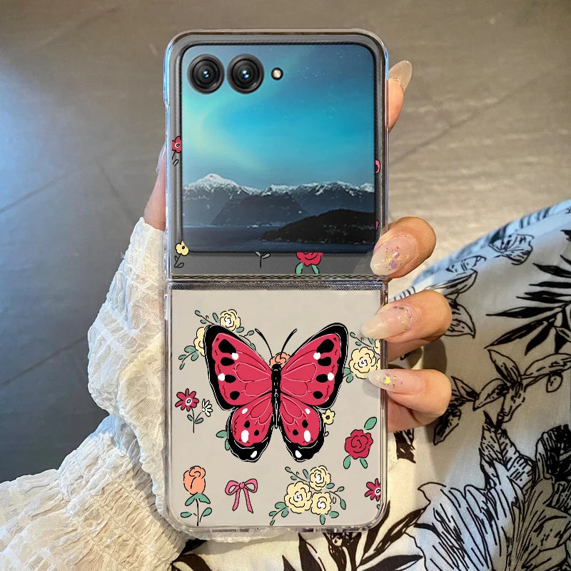 Flowers Bowknot Clear Phone Case For Motorola Razr 50 40 Ultra Razr40 Razr50 Shockproof Bumper Transparent Folding Hard PC Cover