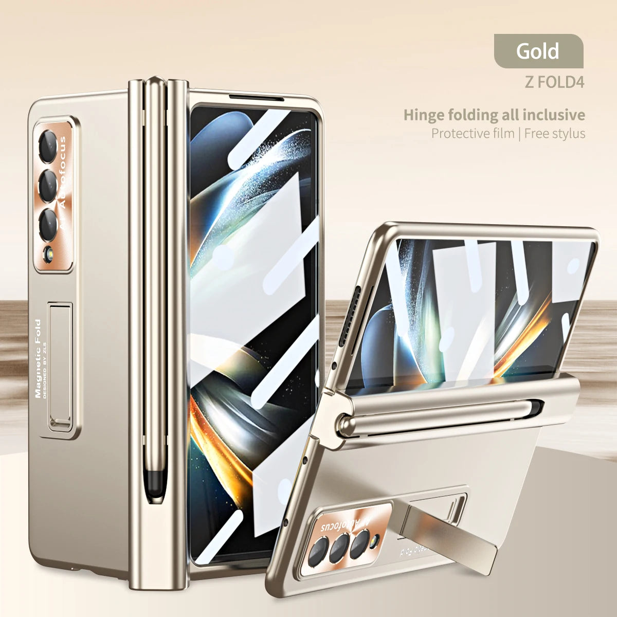 With Pen Plating Clear Magnetic Case For Samsung Galaxy Z Fold 7 6 5 4 3 Kickstand 360 Full Screen Protector Film Folding Cover