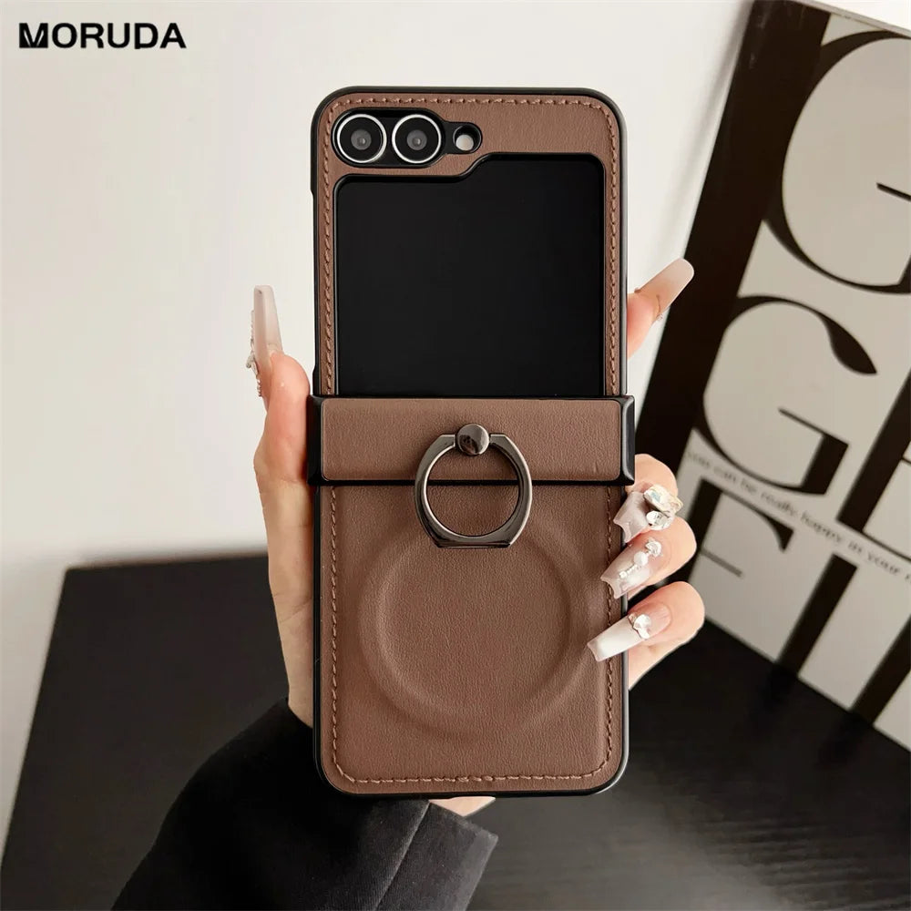 Luxury Leather Ring Holder for Magsafe Case for Samsung Galaxy Z Flip 6 5 4 3 7 flip6 Flip5 Magnetic Bracket Shockproof Cover