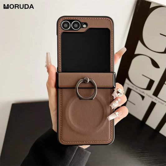 Luxury Leather Ring Holder for Magsafe Case for Samsung Galaxy Z Flip 6 5 4 3 7 flip6 Flip5 Magnetic Bracket Shockproof Cover