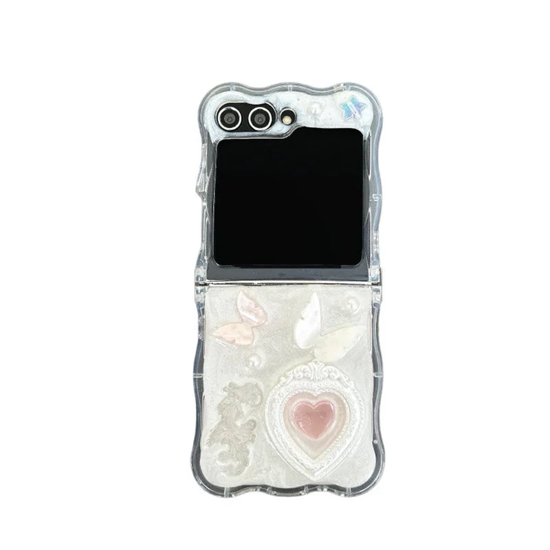 Luxury 3D Butterfly Love Heart Wavy Phone Case For Samsung Galaxy Z Flip 7 6 5 4 3 Zflip7 Zflip6 With Lanyard Shockproof Cover