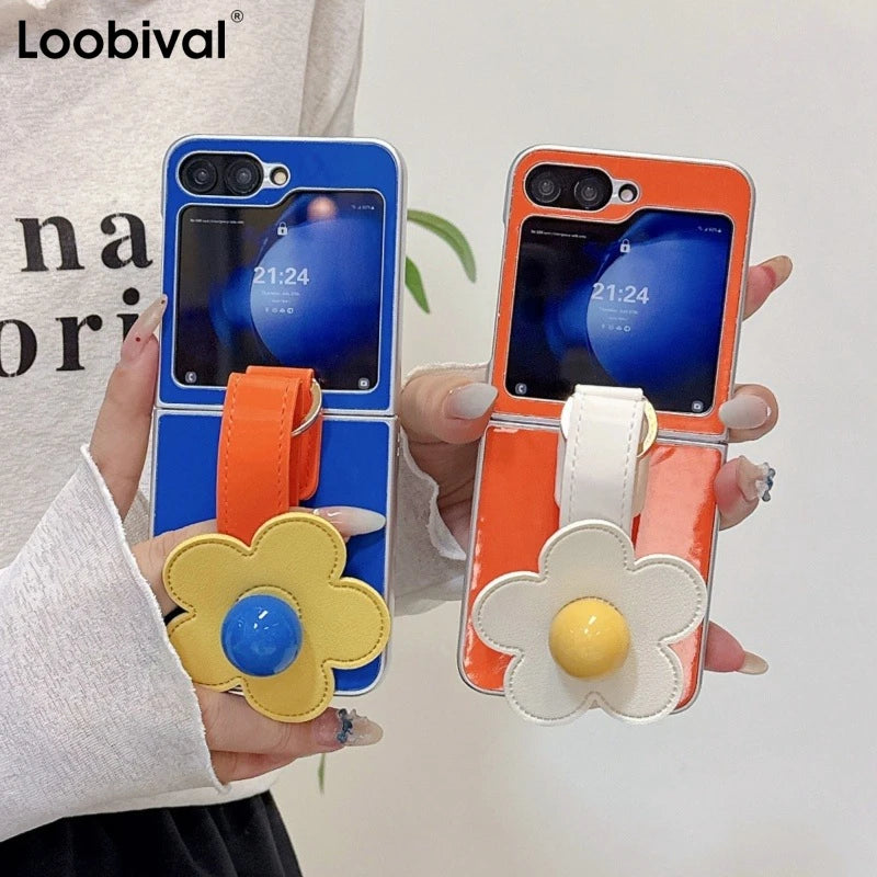 3D Flowers Leather Wrist Strap Phone Case For Samsung Galaxy Z Flip 7 6 5 4 3 Flip6 Z Flip7 Plating Silver Frame Ice Silk Cover