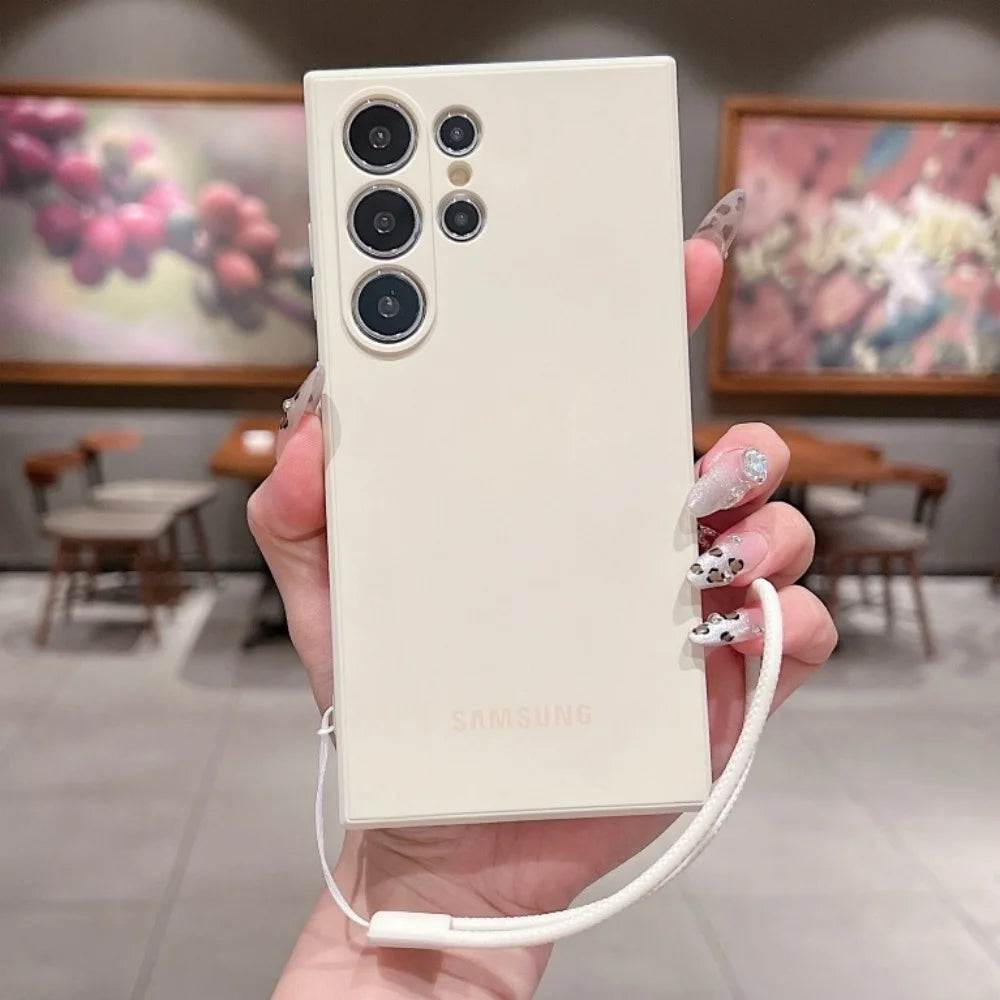 Original Liquid Silicone Wrist Strap Soft Case Samsung Galaxy S25 S24 Ultra S23 S22 Plus S21 FE Lens Protection Thickened Cover