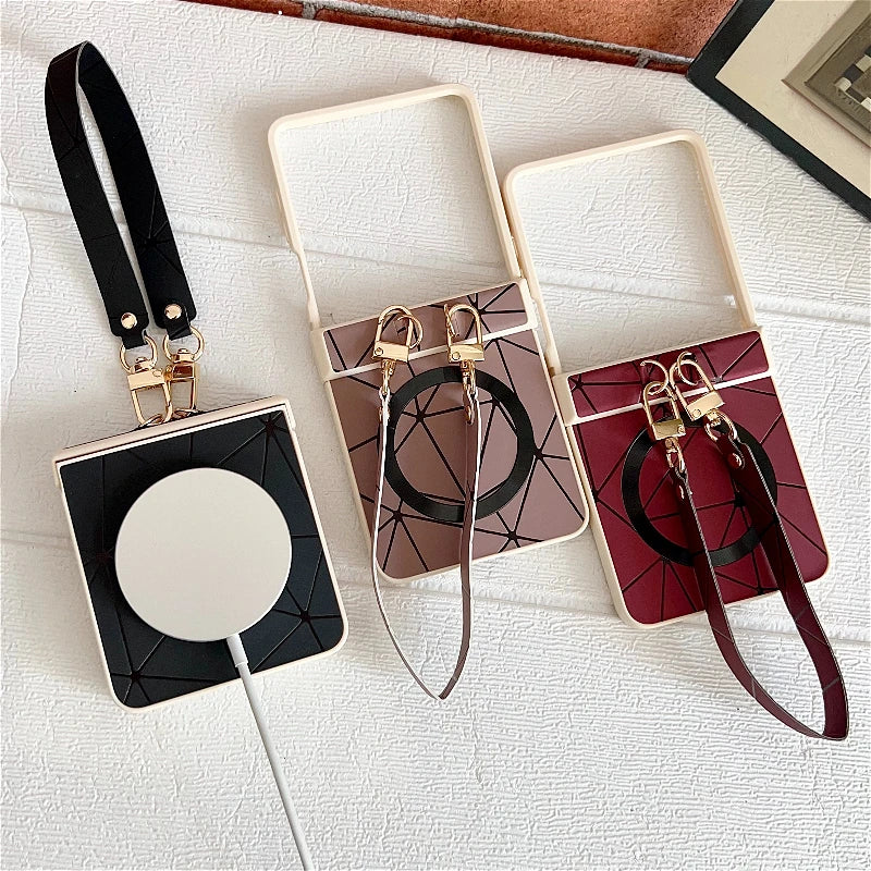 Luxury Geometric Prism Magnetic Phone Case For Samsung Galaxy Z Flip 7 6 5 4 3 5G ZFlip7 FE For Magsafe 3-piece Set Hinge Cover
