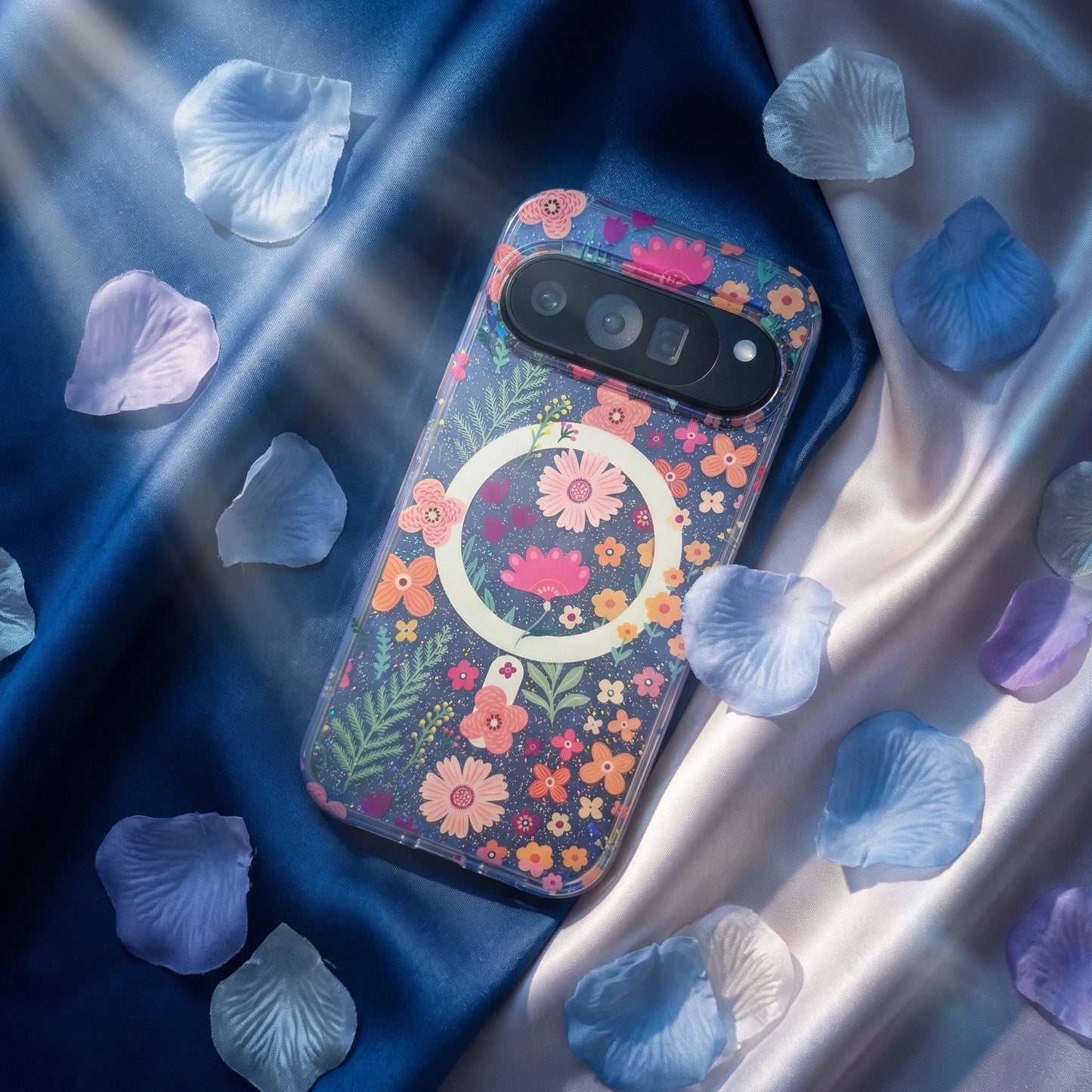 For Google Pixel 10ProXL 9ProXL 9/10Pro 10A 9A Phone Case, IMD Floral Transparent Glitter Gradient Blue Light Shockproof Cover.