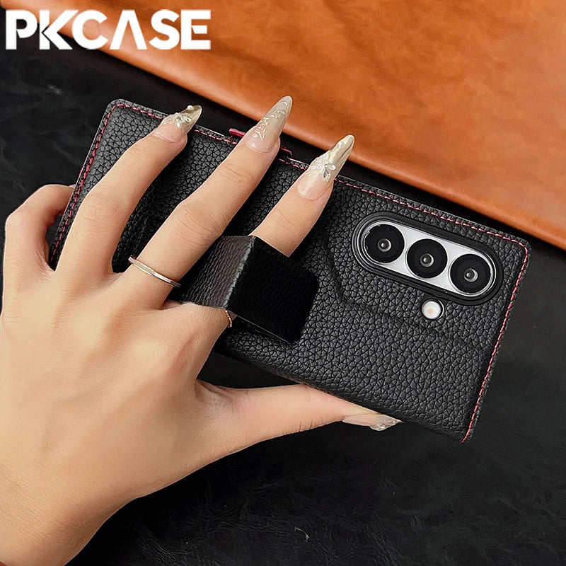 PKCASE Leather Magnetic Clasp Card Slot Wallet Phone Case For Samsung Galaxy Z Fold 7 6 5 4 3 Shockpoof Wristband Bracket Cover