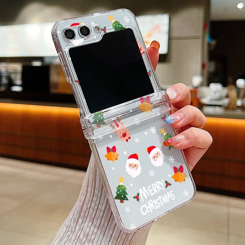Christmas Print Transparent Phone Case For Samsung Galaxy Z Flip 7 FE 6 5 4 3 5G Folding Hard PC Cover For Samsung Z Flip7 Flip6