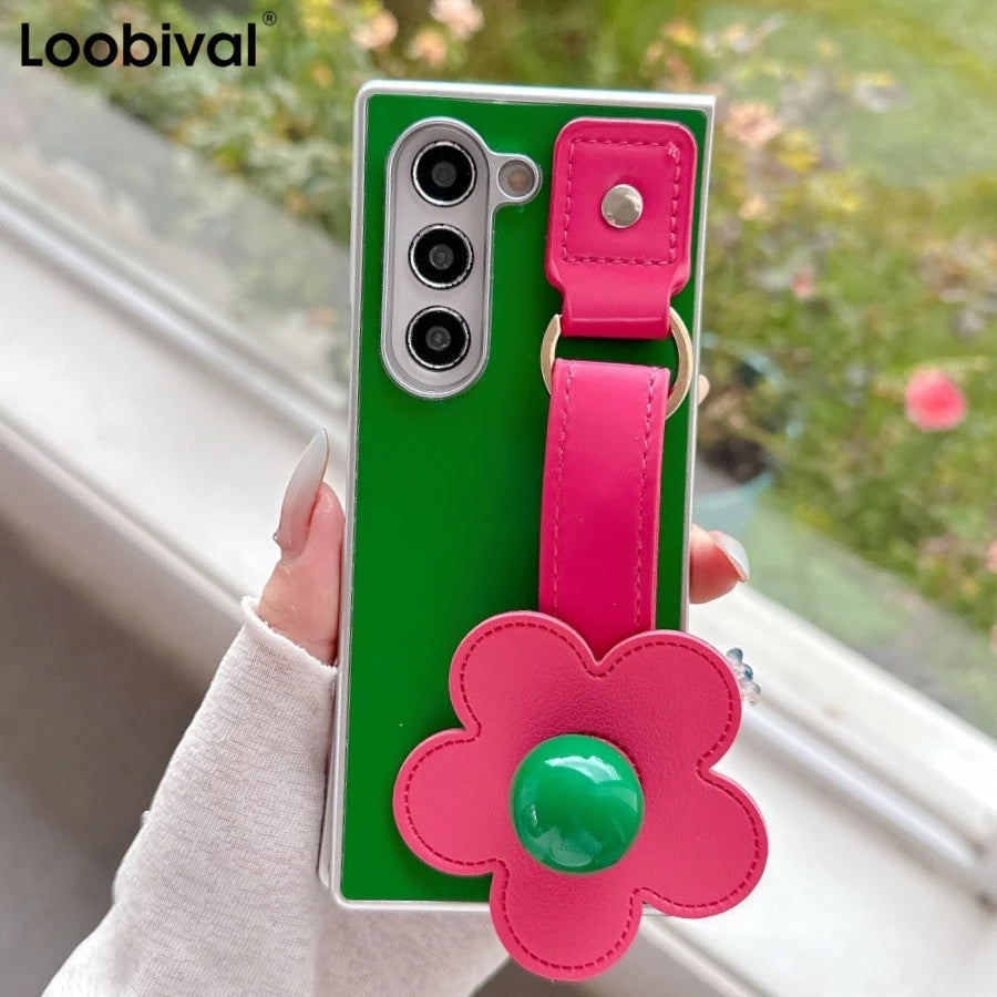 For Samsung Galaxy Z Fold7 Fold 7 6 5 4 3 Zfold6 3D Flowers Leather Wristband Phone Case Plating Silver Frame Shockproof Cover