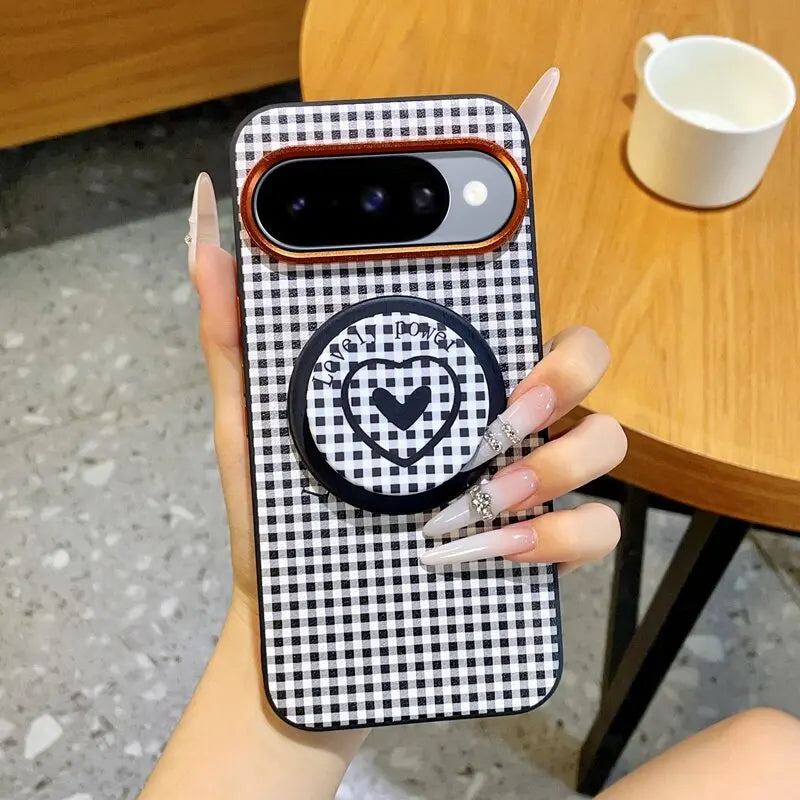 Fashion Aesthetic Gingham Print For Magsafe Case For Google Pixel 11 10 9 Pro XL 10A 9A Metal Lens Frame Shockproof Cover Funda