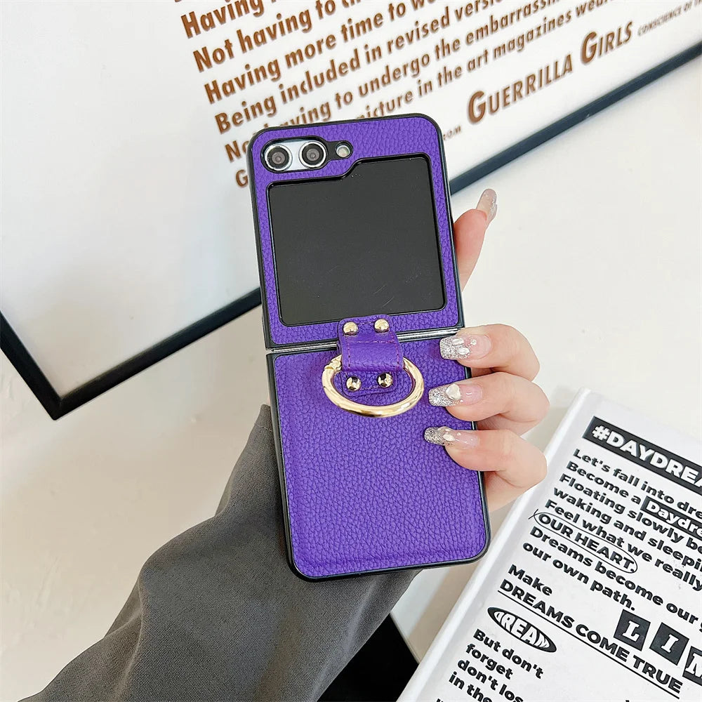Original Leather Matte Litchi Phone Case For Samsung Galaxy Z Flip 6 5 4 3 Ring Stand Holder Shockproof Cover For Galaxy Flip 6