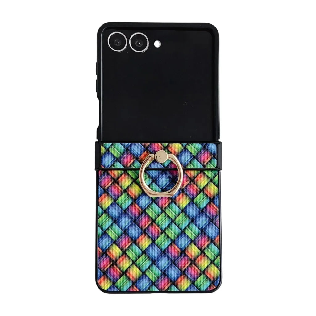 Dazzling Color Weave Pattern Case For Samsung Galaxy Z Flip 7 SE 6 5 4 3 ZFlip7 5G 3-piece Set With Finger Ring Colorful Cover