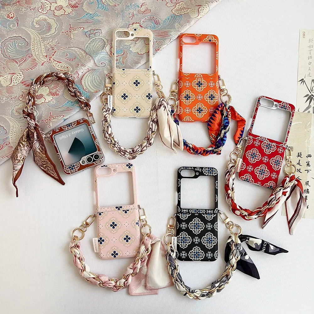 Luxury Embroidery Flowers Phone Case For Samsung Galaxy Z Flip 7 6 5 Flip 7FE Fashion Folding Protection Cover with Ribbon Chain