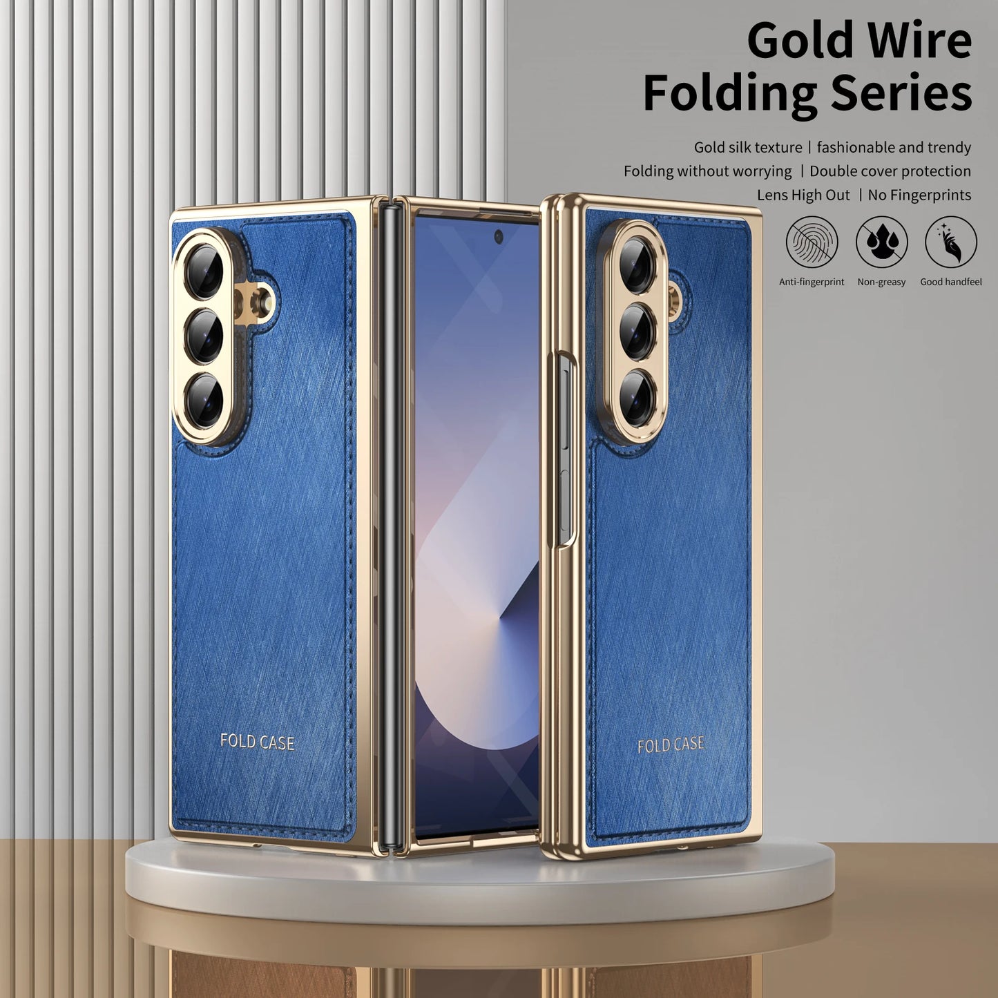 Golden Border Leather Phone Case with Steel Film for Samsung Galaxy Z Fold 7 6 5 4 3 Fold6 Hinge Protection Shockproof Cover