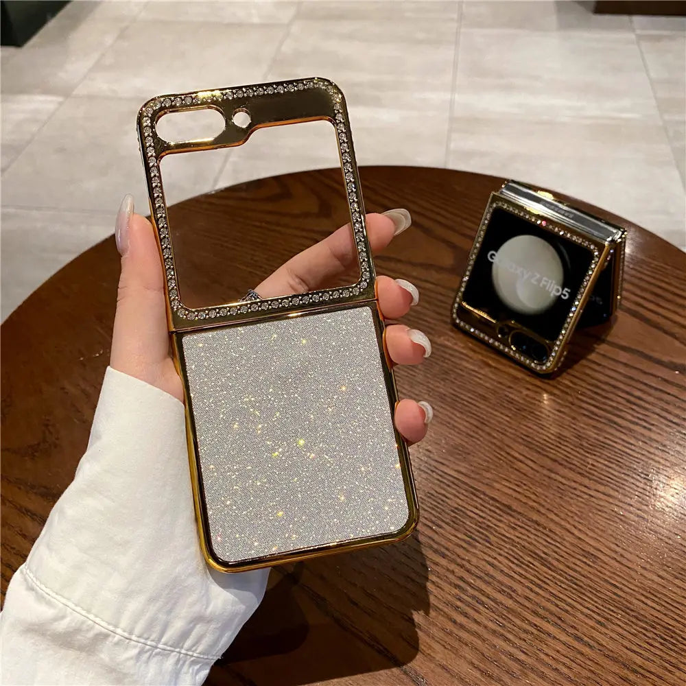 Luxury Bling Diamond Leather Plating Case For Samsung Galaxy Z Flip 6 Flip 5 Flip 3 4 Shockproof Cover Funda