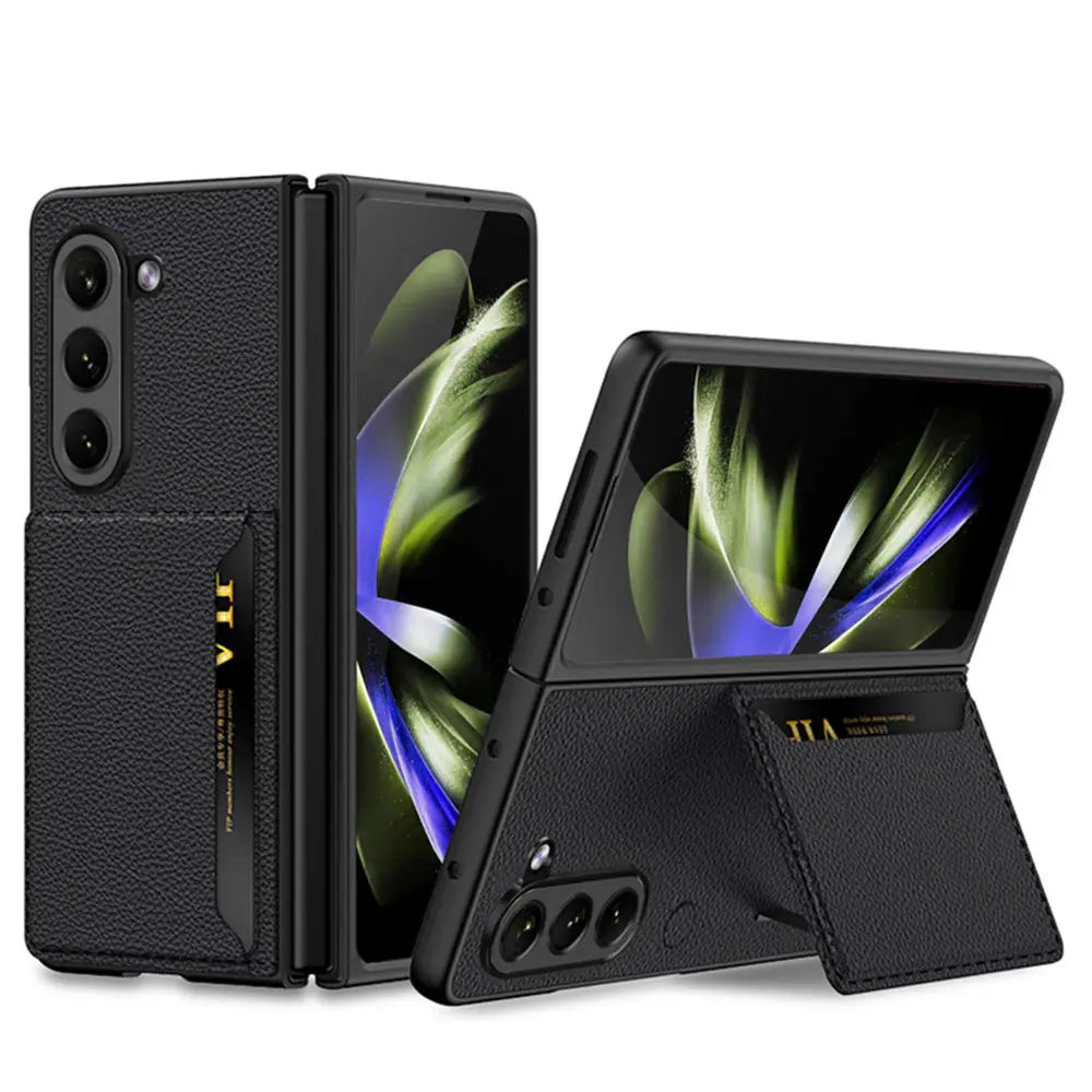 for Samsung Galaxy Z Fold 5 Card Bag Plain Leather Case Anti-fingerprint Delicate Touch Drop-proof Full Protection Cover