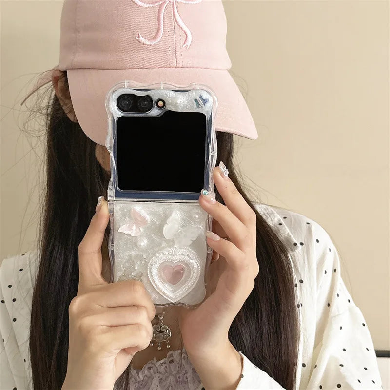 Luxury 3D Butterfly Love Heart Wavy Phone Case For Samsung Galaxy Z Flip 7 6 5 4 3 Zflip7 Zflip6 With Lanyard Shockproof Cover