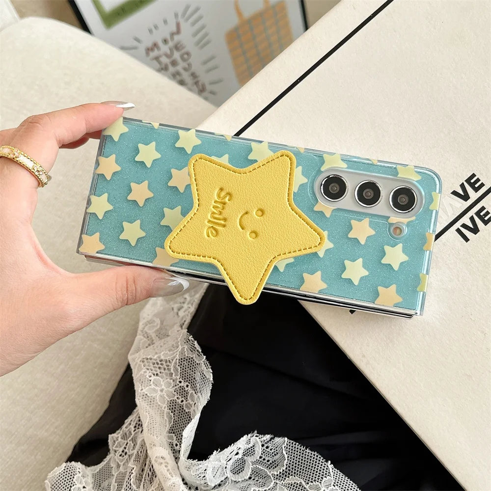 Star Folding Bracket Cartoon Glitter Case For Samsung Galaxy Z Flip7 Flip 6 5 4 3 ZFold 7 6 5 Shockproof Epoxy Bumper Soft Shell