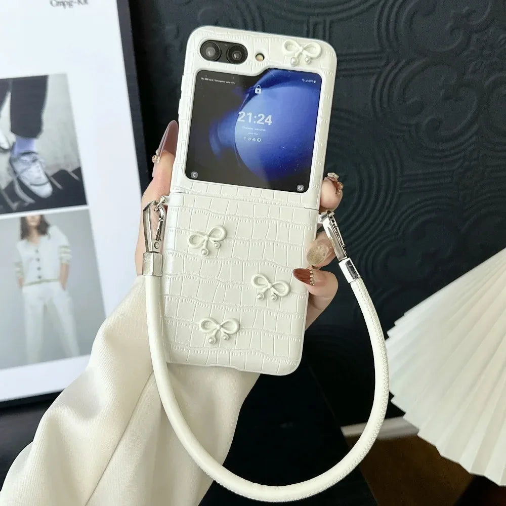 Shockproof Crocodile Pattern PU Leather Bowknot Phone Case for Samsung Galaxy Z Flip 7 FE 6 5 4 3 Wrist Strap Protection Cover