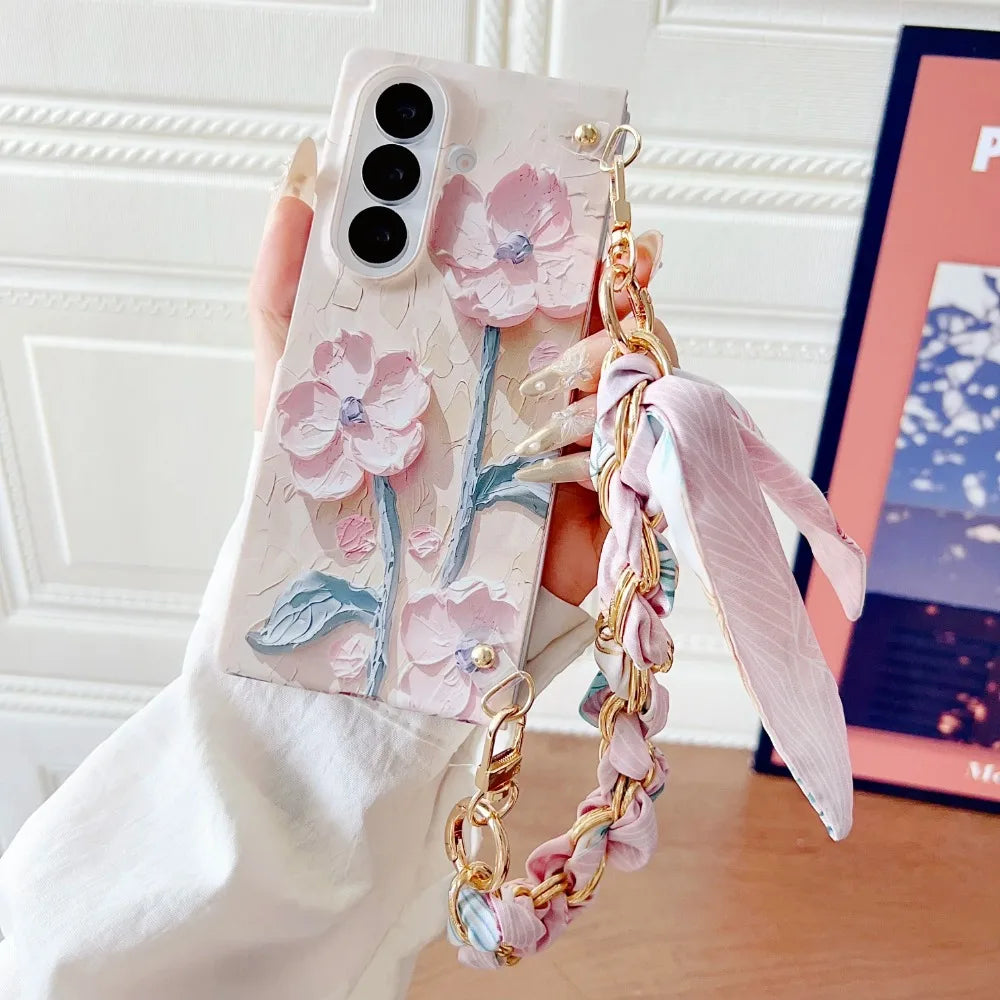 Classic Stylish Silk Wrist Strap Floating Flower Hard Phone Case for Samsung Galaxy Z Fold 7 5G 2025 Dopamine Protective Cover