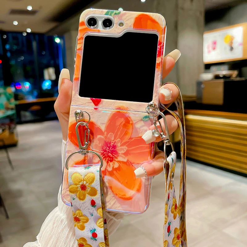 Blu Ray Laser Camera Long Rope Case With Lanyard Necklace Strap Case For Samsung Galaxy Z Flip 5 5G Z Flip6 Hard PC Phone Cover