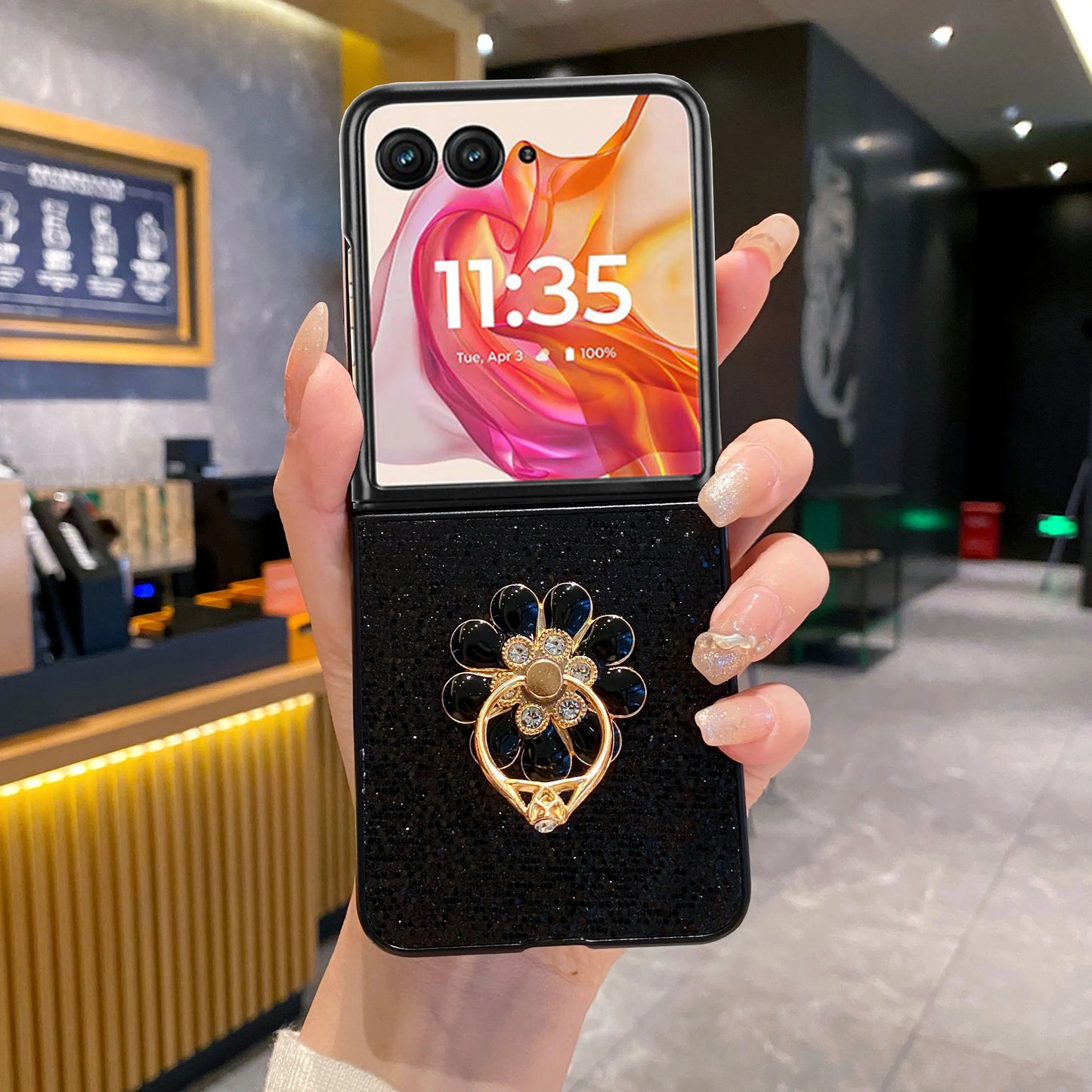 Cute Flower Bracket Fashion Starlit Twinkle Phone Case For Moto Razr 40 50 60 Ultra 2025 + 2024 Glitter Hard PC Shell