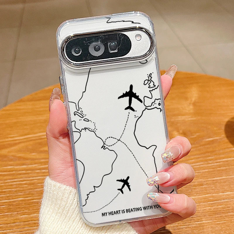 Travel Route Map Pattern Clear Phone Case For Google Pixel 10 9 8 Pro Pixel 9 10 Pro XL 7A 8A 9A Shockproof Soft TPU Back Cover