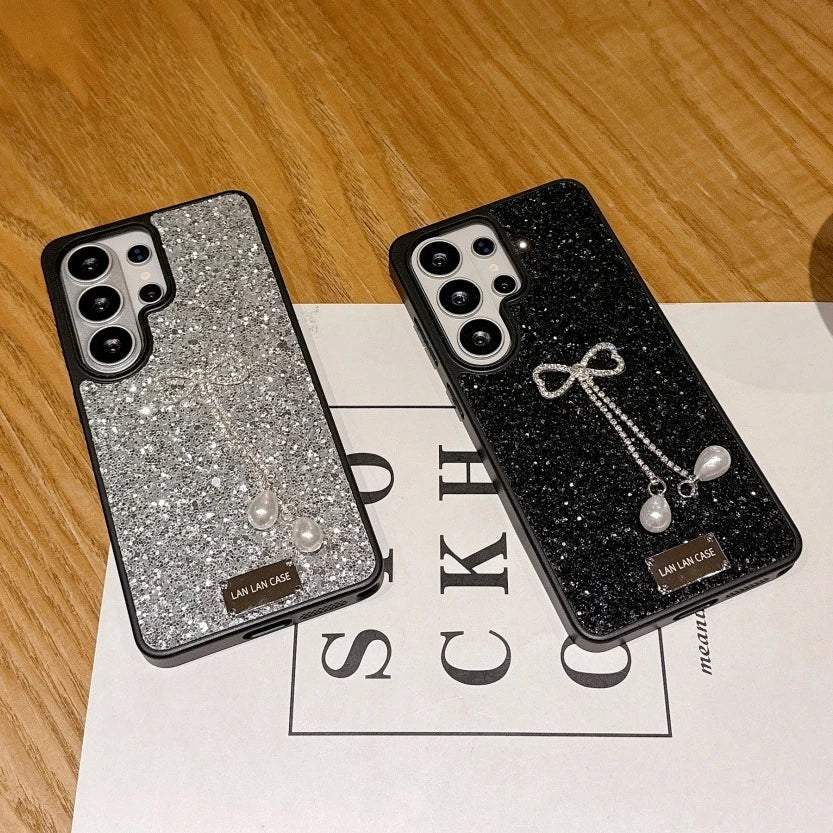 Diamond Bowknot Pearl Pendant Glitter Phone Case for Samsung Galaxy S26+ S23 S24 S25 S26 Ultra Plus TPU Bumper Shockproof Cover