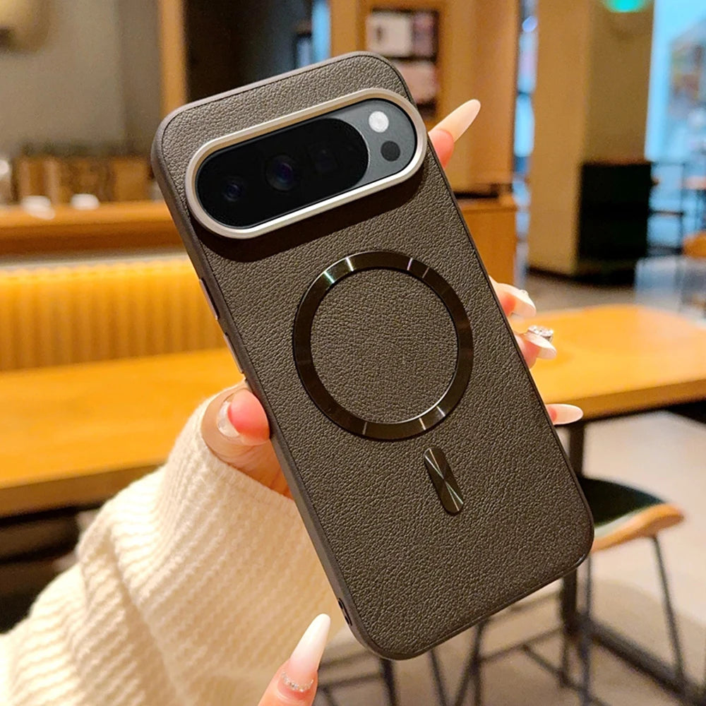 For Magsafe Magnetic Case For Google Pixel 10 Pro XL 10A Plating PU Leather Shockproof Bumper Protection Cover