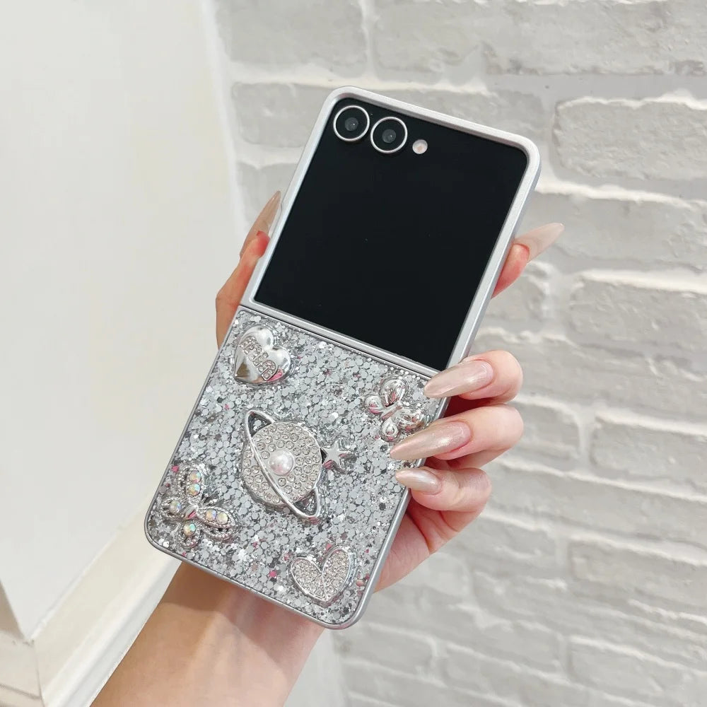 Z Flip8 Glitter 3D Diamond Butterfly Satellite Heart Pattern Case for Samsung Galaxy Z Flip7 FE 6 5 8 for Gift Shockproof Cover