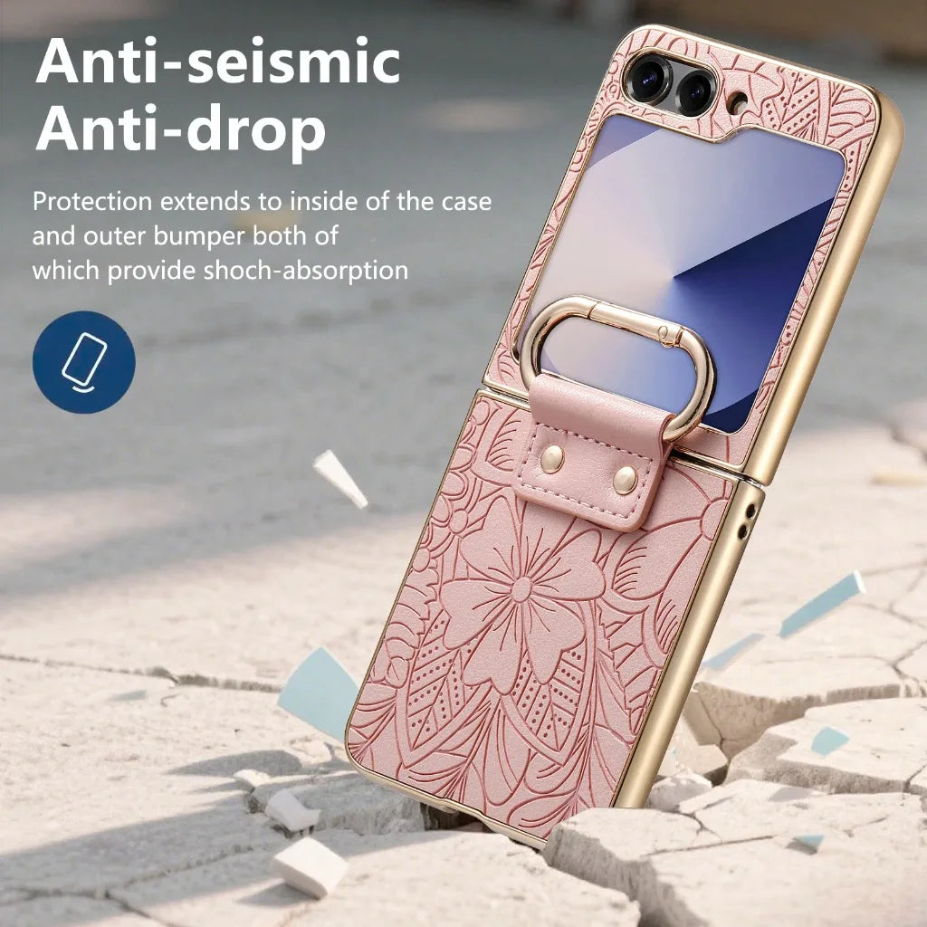 For Samsung Galaxy Z Flip 7 FE 6 5 4  Leather Embossed Flower Phone Case with Ring Buckle Electroplated Shockproof Cover