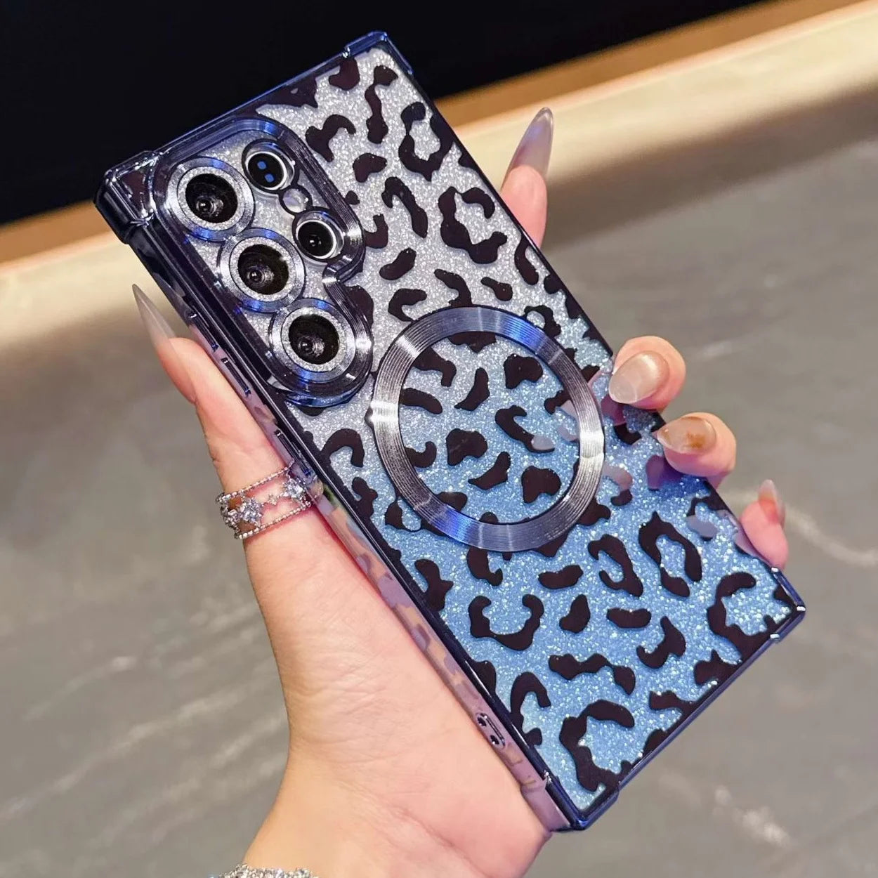Luxury Leopard Pattern Magnetic Case For Samsung S26 Ultra S26 Plus Gradient Glitter Cover For Galaxy S25 Ultra Plating Case