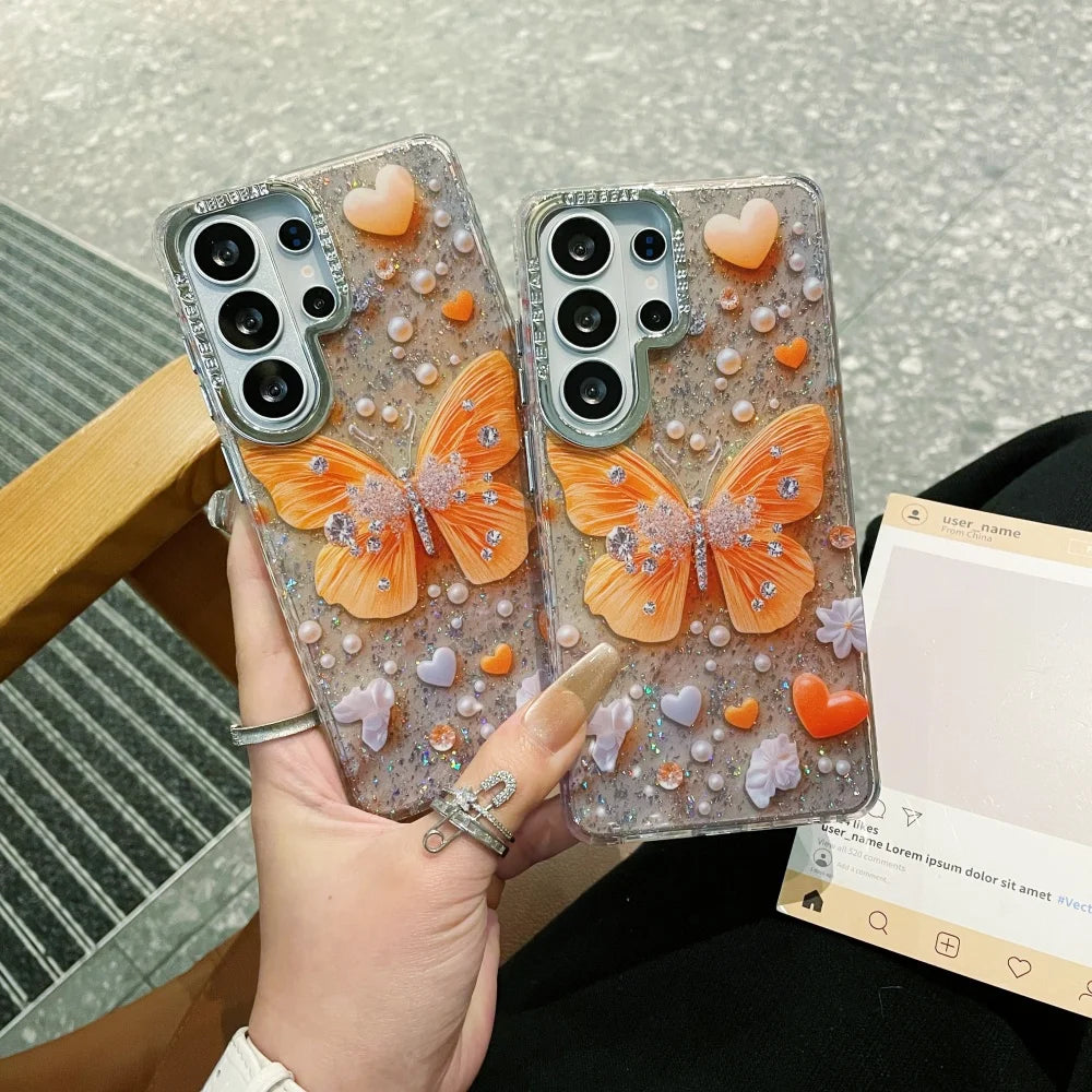 Ins Fashion Butterfly Glitter Cute Case for Samsung Galaxy S26 S24 S25 Plus S23 Ultra S26ultra Bing Love Shockproof Cover Shell