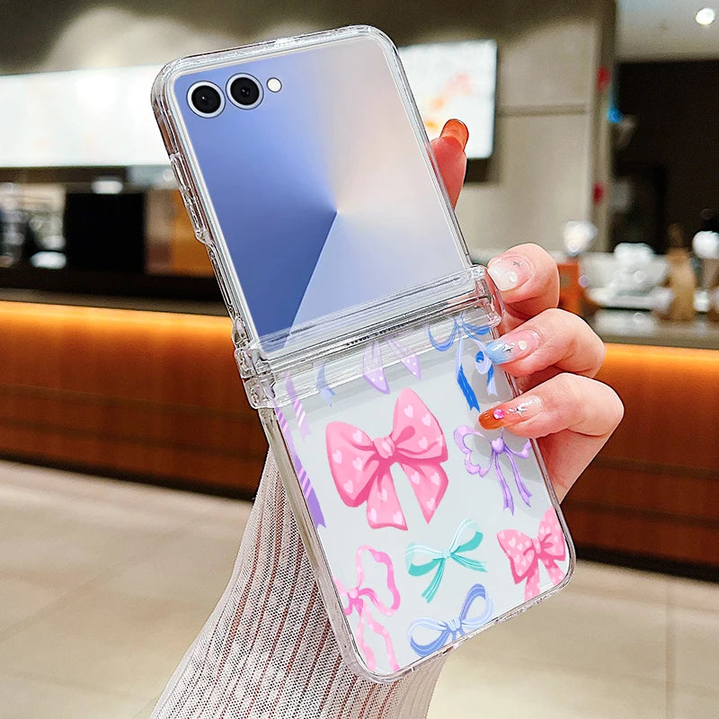Colorful Bowknot Patterned Phone Case For Samsung Galaxy Z Flip 7 FE 6 5 4 3 5G Folding Hard PC Clear Cover For Samsung Z Flip6