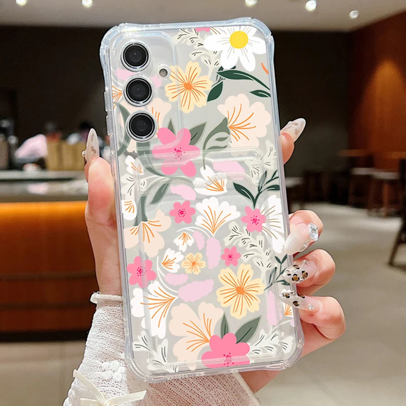 Flower Card Bag Wallet Clear Case For Samsung Galaxy S25 S24 S22 Ultra S23 S21 FE A55 A54 A35 A25 A15 A16 5G A06 TPU Phone Cover