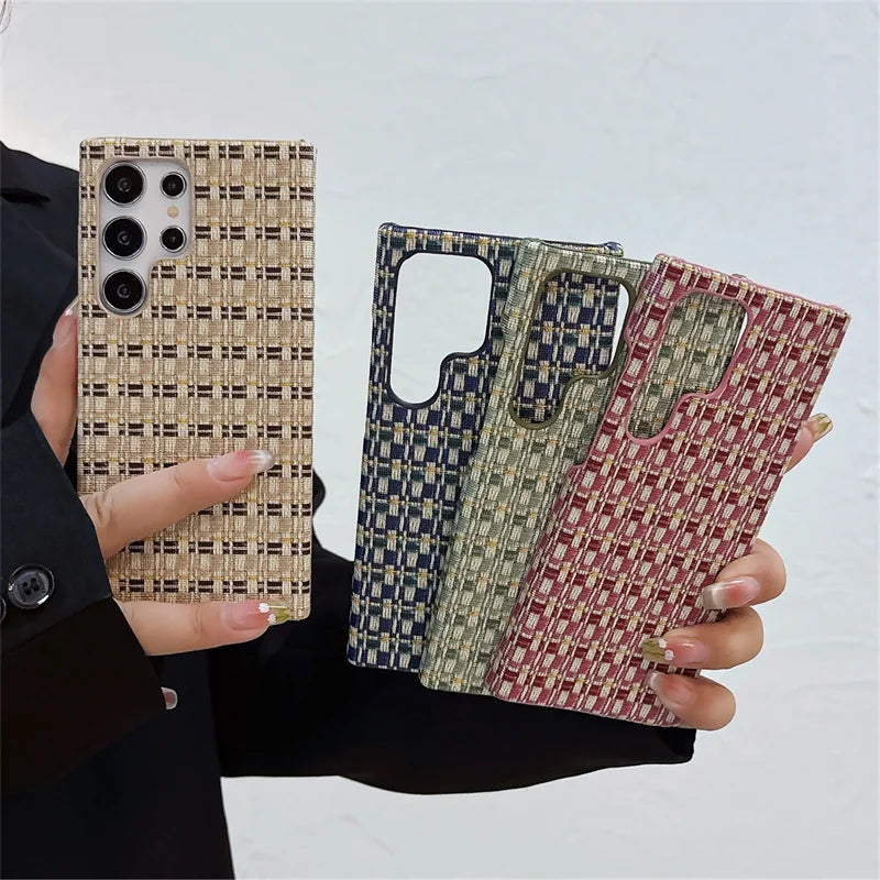 Fashion Grid Woven Cloth Braid Contrasting Color Breathable Phone Case For Samsung Galaxy S24 S23 S22 Ultra TPU Shockproof Cover
