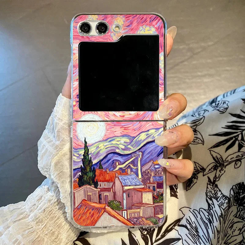 Art Van Gogh Sunflower Cat Oil Painting Phone Case For Samsung Galaxy Z Flip 6 5 7 3 4 Clear Hard PC Folding Cover For Z Flip 5