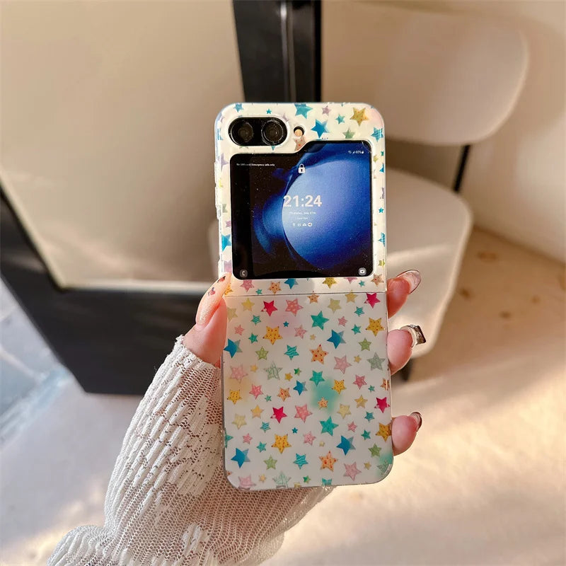 Colorful Little Star Phone Case For Samsung Galaxy Z Flip 7 6 5 4 3 ZFlip6 ZFlip7 Cover with Chain Cute Protective Cases For Gir