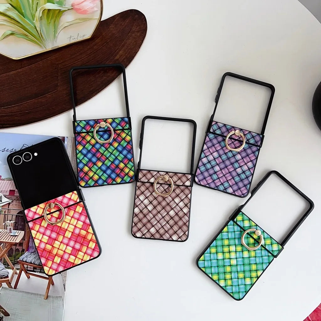 Dazzling Color Weave Pattern Case For Samsung Galaxy Z Flip 7 SE 6 5 4 3 ZFlip7 5G 3-piece Set With Finger Ring Colorful Cover