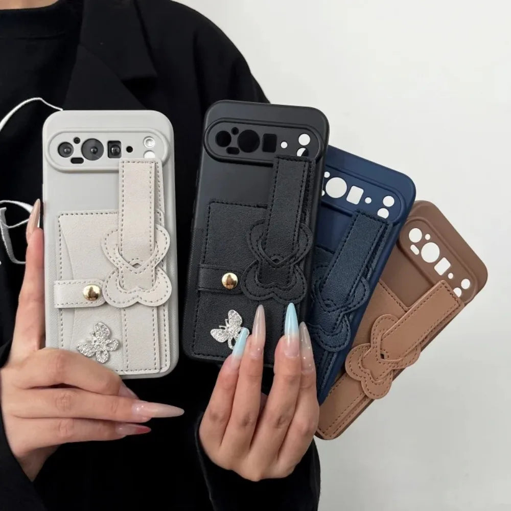 Polka Dot texture Wrist Wallet Card Bag Holder Butterfly Phone Case For Google Pixel 10 Pro 9 9A 6 7 Pro 8 10A Shockproof Cover