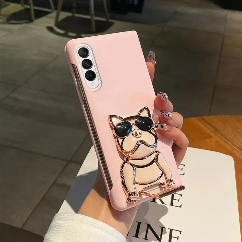 Luxury Fashion Cartoon Electroplated Dog Bracket Case For Samsung Galaxy Z Fold 7 6 5 4 3 2 5G Shockproof Matte Skin Feel Cover