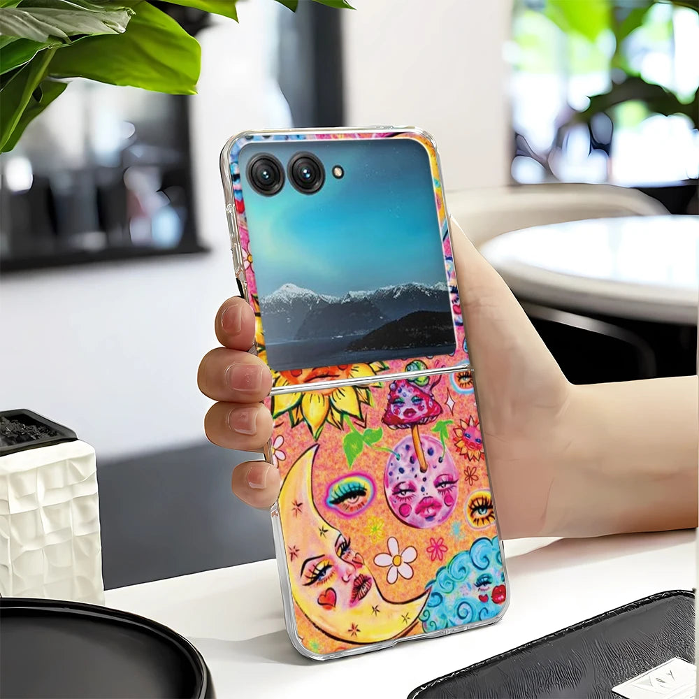 Retro Sun Moon Phone Case For Motorola Razr 60 Ultra 50 40 Ultra Razr 2025 2024 23 For Samsung ZFlip 7 6 5 4 3 Transparent Cover