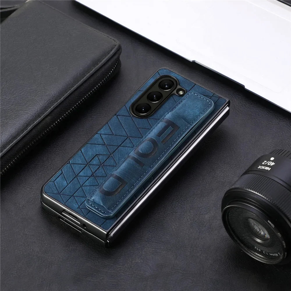 Wrist Strap PU Leather Cover for Samsung Galaxy Z Fold 6 5 4 3 5G Hard PC Phone Case with S Pen Holder & Finger Grip(no Pen)