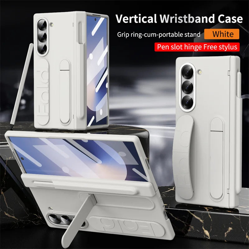Wristband Holder Hinge Phone Case For Samsung Galaxy Z Fold 7 6 5 4 3 With Pen Slot & S Pen Screen Protector Film Protect Cover