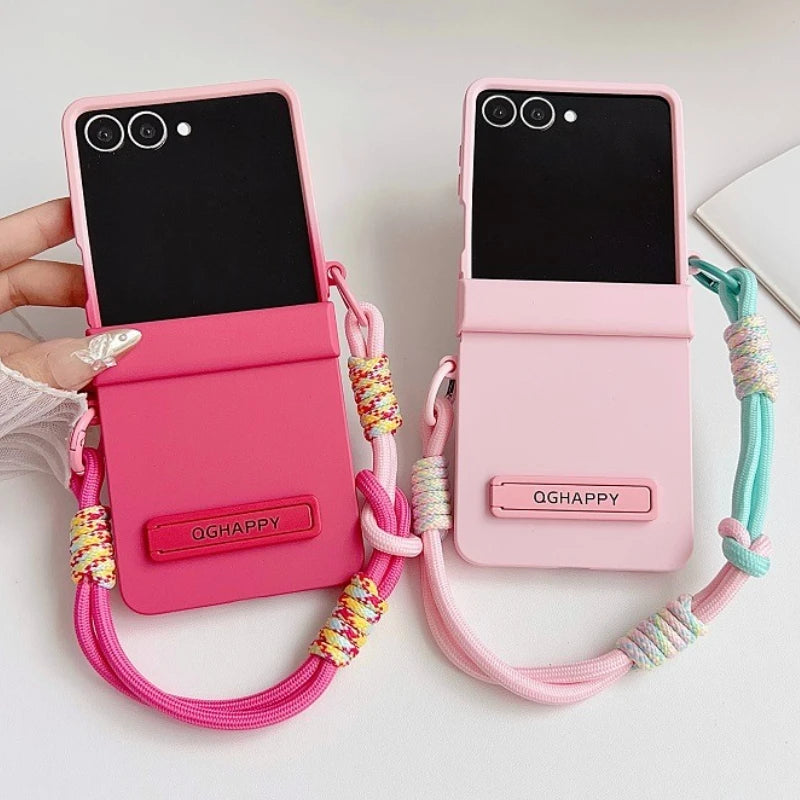 Korean Cute Gradient Color Phone Case For Samsung Galaxy Z Flip 7 6 5 4 3 ZFlip7 Flip6 5G Anti-lost Hand Strap Holder Back Cover